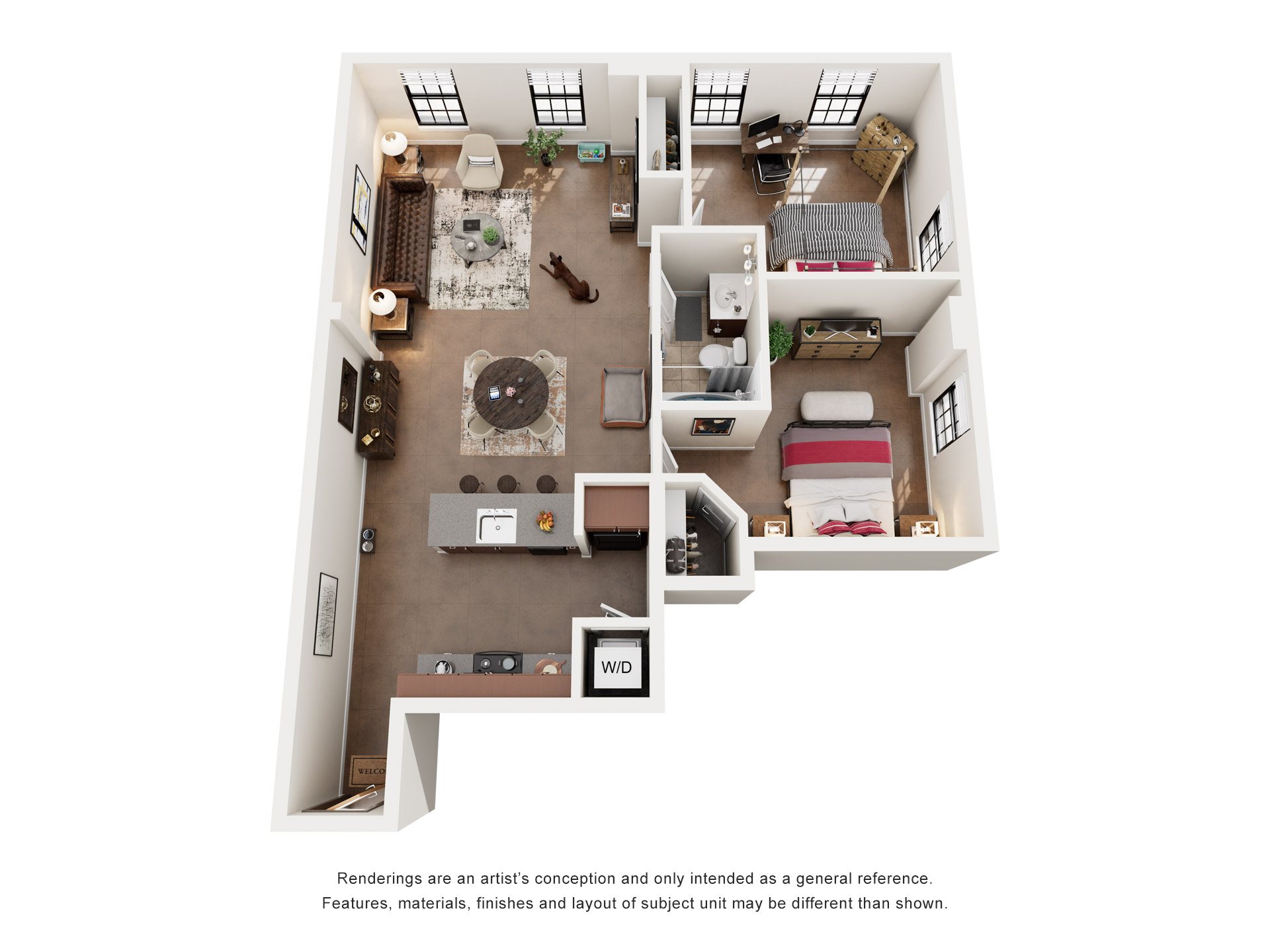 Floor plan for 2 beds, 1 bath, 911 sqft